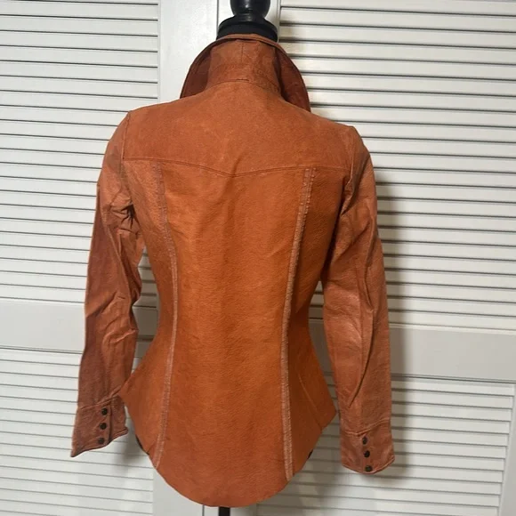 100% Genuine Leather Snap-Button Shirt Jacket (Size Medium, Rust Orange Vintage) - Picture 7 of 16